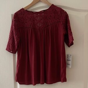 Zara Burgundy Lace trim Blouse, size M , brand new , no flaws